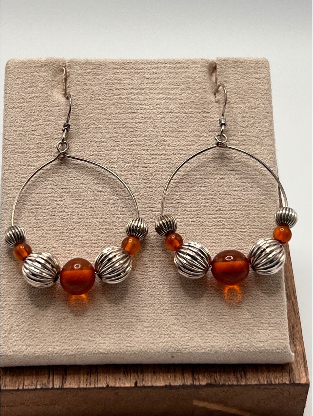 Sterling Silver Carnelian Beaded Hoop Earrings Ribbed Beads 1.5”